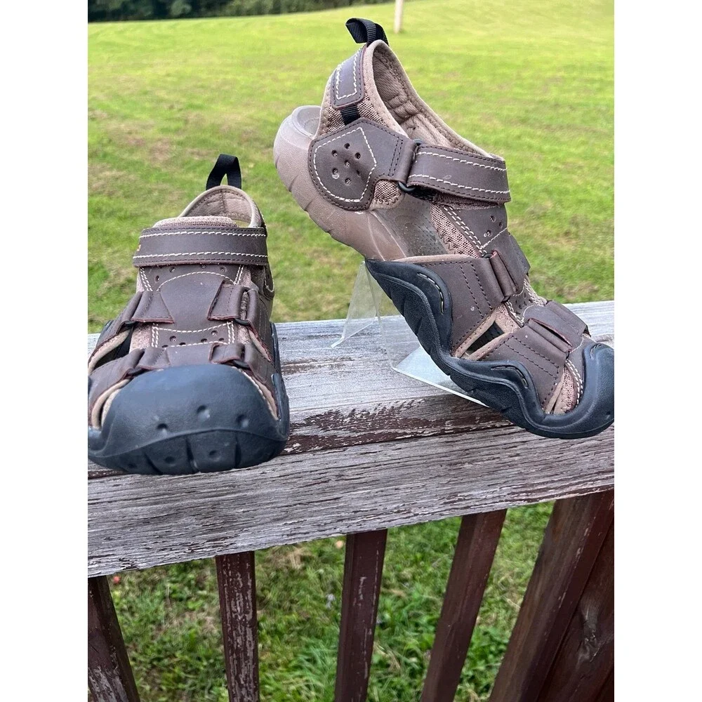 Crocs Swiftwater Fisherman Sandals Mens Sz 12 Brown Leather 204562 Hiking Trail